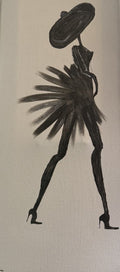 Black and white drawing of a stylized figure with a fan and hat on a beige background