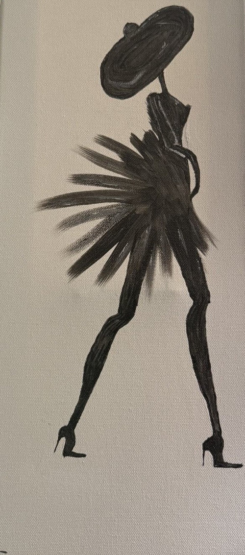 Black and white drawing of a stylized figure with a fan and hat on a beige background